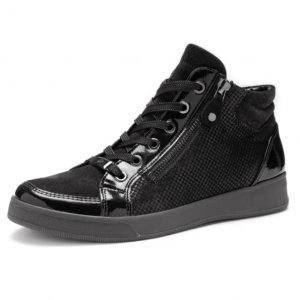 Bottine femme Cuir Semelle plate Fermeture par zip + lacets Talon compensé ARA 1224499-31 Coloris noir vernis noir. Vue d'ensemble d'une chaussure gauche.