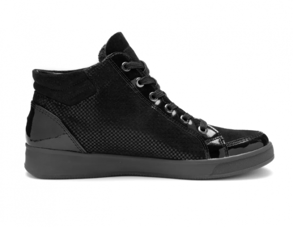 Bottine femme Cuir Semelle plate Fermeture par zip + lacets Talon compensé ARA 1224499-31 Coloris noir vernis noir. Vue du profil intérieur d'une chaussure gauche.