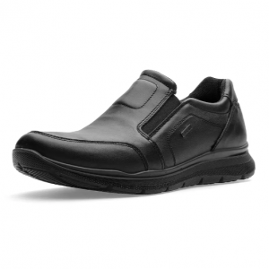 Mocassin homme Élastiqué côtés Membrane GORE TEX imperméable Doublure chaude ARA Benjo Coloris noir. Vue de biais d'une chaussure gauche