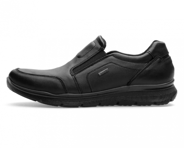 Mocassin homme Élastiqué côtés Membrane GORE TEX imperméable Doublure chaude ARA Benjo Coloris noir. Vue du profil extérieur d'une chaussure gauche