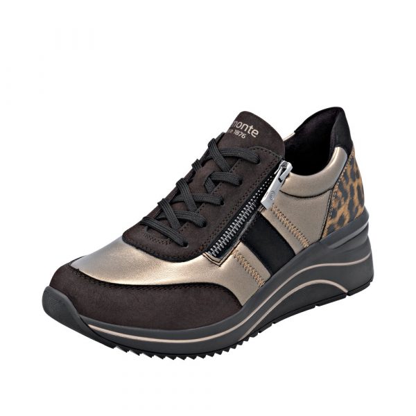 Tennis femme Matière stretch Talon compensé Lacet + fermeture éclair REMONTE coloris marron bronze imprimé léopard. Vue d'ensemble de biais d'une chaussure gauche.