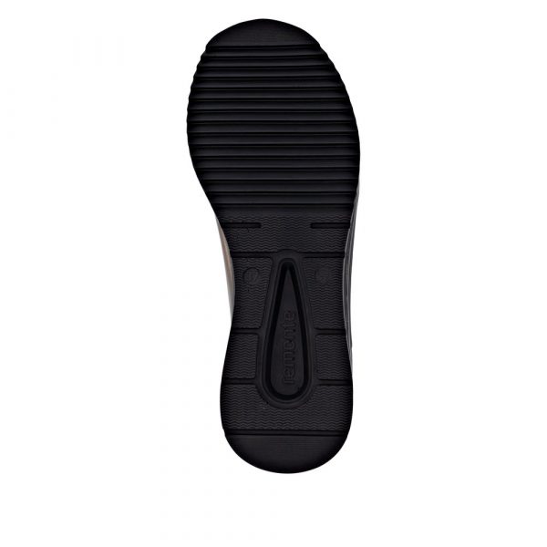 Tennis femme Matière stretch Talon compensé Lacet + fermeture éclair REMONTE coloris marron bronze imprimé léopard. Vue de la semelle de dessous d'une chaussure gauche.