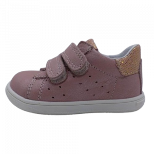 Baskets bébé garçon ou fille cuir doublure cuir Tennis enfant Velcros BOPY coloris rose. Vue du côté extérieur d'une chaussure gauche.