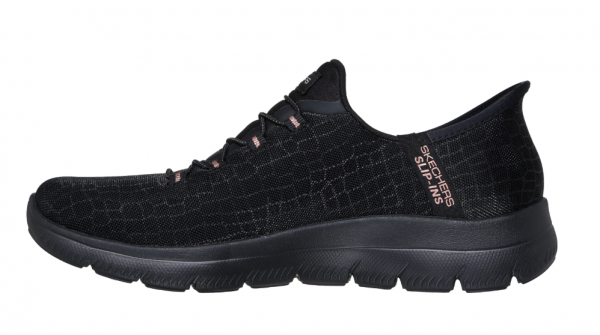 Tennis femme Lacet élastique Textile épais Talon compensé Lavable en machine SKECHERS Summits Coloris noir. Vue du profil intérieur, montrant la hauteur du talon, d'une chaussure droite.