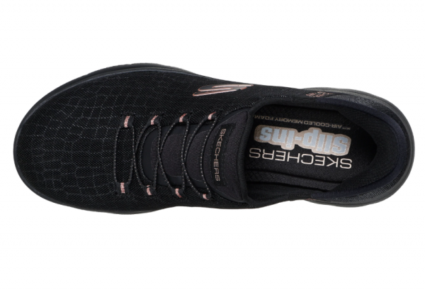 Tennis femme Lacet élastique Textile épais Talon compensé Lavable en machine SKECHERS Summits Coloris noir. Vue de dessus, montrant la semelle intérieure, d'une chaussure droite.