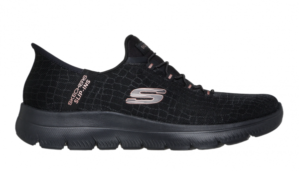 Tennis femme Lacet élastique Textile épais Talon compensé Lavable en machine SKECHERS Summits Coloris noir. Vue du profil extérieur, montrant le logo de la marque, d'une chaussure droite.