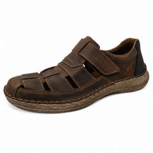 Sandales homme Confort Fermées à l'arrière Velcro Dessus aéré Mocassin RIEKER 03078-25 marron clair ou marron foncé. Vue d'ensemble de biais d'une chaussure gauche.