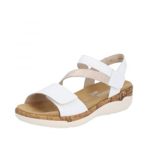 Sandale femme Bride fantaisie Cuir Nu-pied Talon compensé Fermeture velcro REMONTE blanc/beige. Vue d'ensemble d'une chaussure gauche.