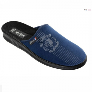 Mule homme semelle souple compensée Chausson Chaud et léger AIRPLUM Furioso Coloris bleu. Vue d'ensemble de dessus d'une chaussure droite.