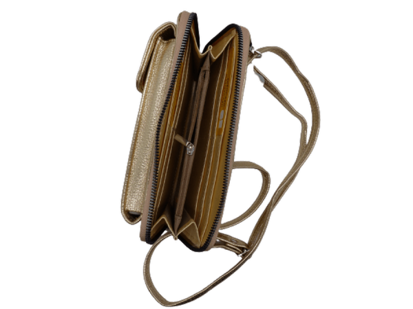 Portefeuille compagnon multipoches porte téléphone cuir avec bandoulière réglable et amovible forme rectangulaire 4 coloris camel rouge doré marron. Vue de dessus d'un portefeuille dore.