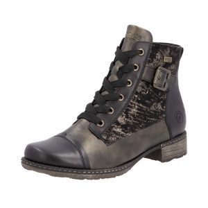 Bottines femme Faux cuir Membrane tex imperméable et respirante Fermeture lacet +zip REMONTE D4381-03 coloris noir / bronze. Vue d'ensemble de biais d'une chaussure gauche.