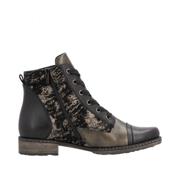 Bottines femme Faux cuir Membrane tex imperméable et respirante Fermeture lacet +zip REMONTE D4381-03 coloris noir / bronze. Vue d'ensemble du profil intérieur d'une chaussure gauche.