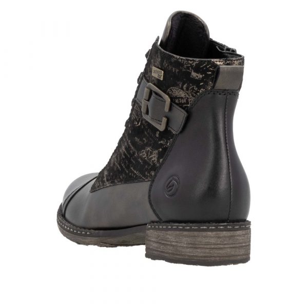 Bottines femme Faux cuir Membrane tex imperméable et respirante Fermeture lacet +zip REMONTE D4381-03 coloris noir / bronze. Vue de biais de l'arrière d'une chaussure gauche faisant apparaître la hauteur du talon.