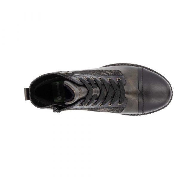 Bottines femme Faux cuir Membrane tex imperméable et respirante Fermeture lacet +zip REMONTE D4381-03 coloris noir / bronze. Vue de dessus d'une chaussure gauche faisant apparaître l'empiècement du bout du pied.