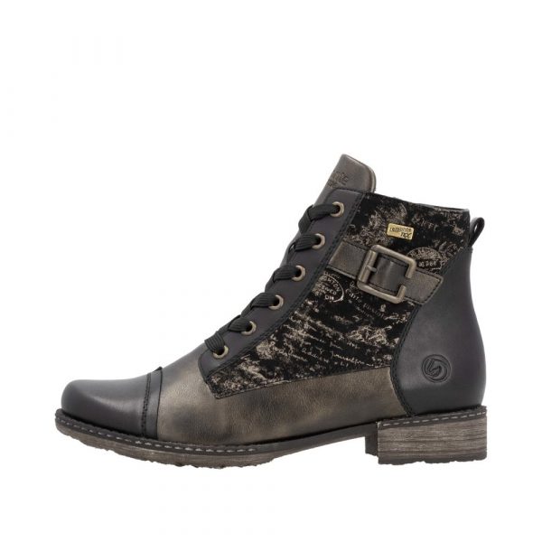 Bottines femme Faux cuir Membrane tex imperméable et respirante Fermeture lacet +zip REMONTE D4381-03 coloris noir / bronze. Vue d'ensemble du profil extérieur d'une chaussure gauche.