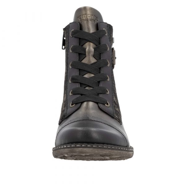 Bottines femme Faux cuir Membrane tex imperméable et respirante Fermeture lacet +zip REMONTE D4381-03 coloris noir / bronze. Vue de l'avant d'une chaussure gauche faisant apparaître les lacets.