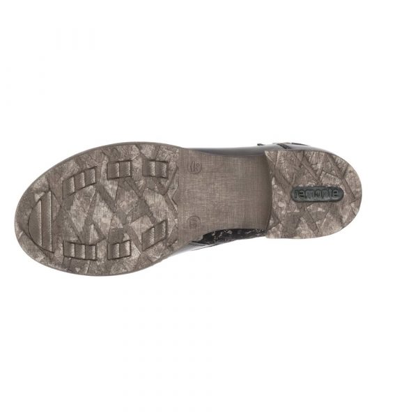 Bottines femme Faux cuir Membrane tex imperméable et respirante Fermeture lacet +zip REMONTE D4381-03 coloris noir / bronze. Vue de la semelle de dessous d'une chaussure gauche.