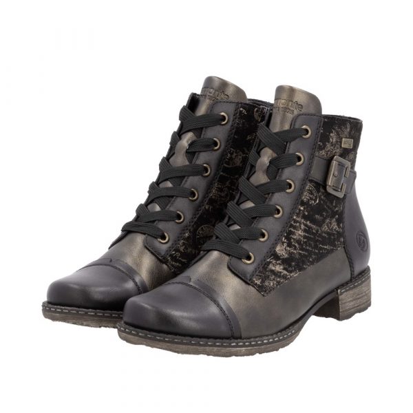 Bottines femme Faux cuir Membrane tex imperméable et respirante Fermeture lacet +zip REMONTE D4381-03 coloris noir / bronze. Vue d'ensemble de deux chaussures.