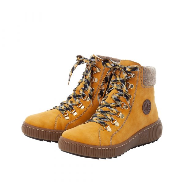 Boots femme à lacets + zip, doublure chaude, talon plat, coloris jaune RIEKER Z6633-68