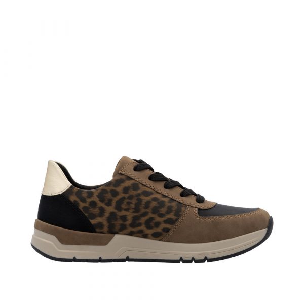 Tennis femme, grande largeur, fermeture à lacets+zip, semelle compensée RIEKER 58902 marron / noir / léopard / doré. Vue du côté extérieur d'une chaussure gauche montrant l'imprimé léopard.
