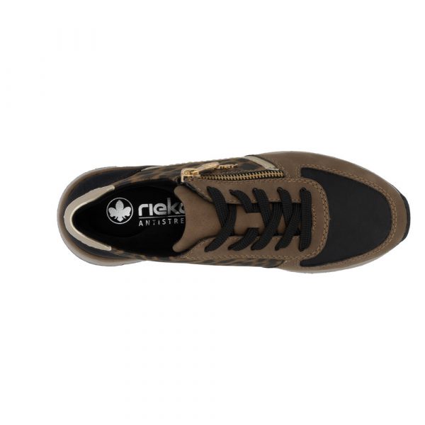 Tennis femme, grande largeur, fermeture à lacets+zip, semelle compensée RIEKER 58902 marron / noir / léopard / doré. Vue du dessus d'une chaussure gauche montrant la semelle intérieure.