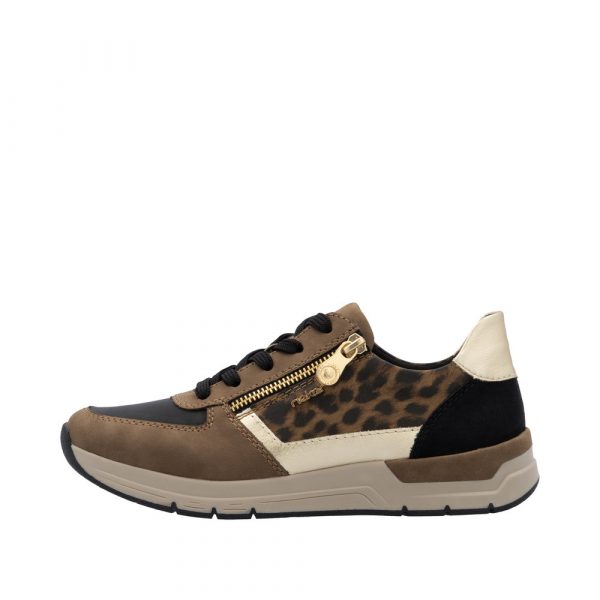 Tennis femme, grande largeur, fermeture à lacets+zip, semelle compensée RIEKER 58902 marron / noir / léopard / doré. Vue du côté extérieur d'une chaussure gauche montrant l'imprimé léopard et le zip latéral.