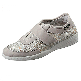 Chaussures femme à velcro talon compensé empiècement stretch coloris gris et beige multi