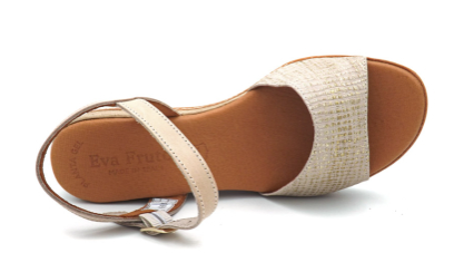 Sandale cuir femme talon compensé large bride semelle intérieure cuir sur gel coloris doré/beige fermeture à boucle EVA FRUTOS