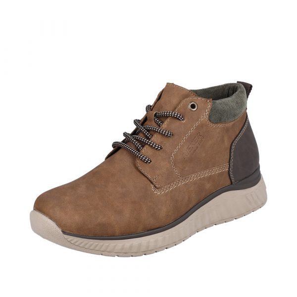 Boots homme mode lacets + zip doublure velours semelle épaisse RIEKER B0603-24 marron. Vue d'ensemble chaussure gauche.