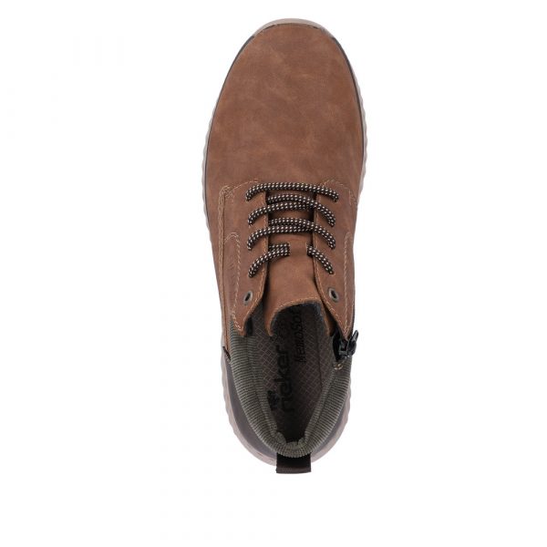 Boots homme mode lacets + zip doublure velours semelle épaisse RIEKER B0603-24 marron. Vue de dessus chaussure gauche