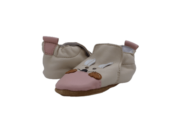 Pantoufles Chausson cuir souple bébé BELLAMY gris/orange ou blanc cassé/rose. Vue d'ensemble deux chaussons gris rose