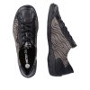 Baskets femme très souples lacets + zip talon plat REMONTE noir/bronze. Pied gauche vue de dessus, pied droit vue côté intérieur.