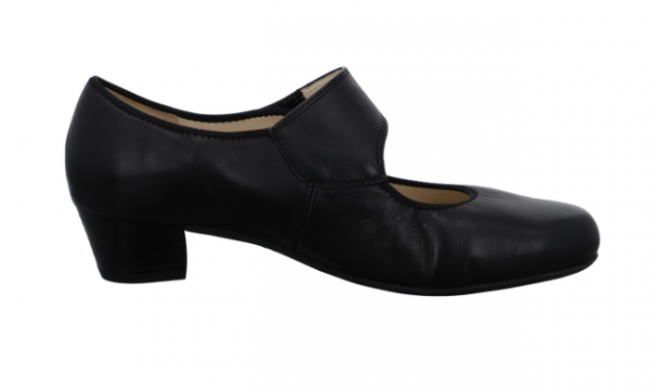 Chaussures cuir forme babies bride velcro femme petit talon carré ARA noir. Vue côté intérieur de la chaussure.