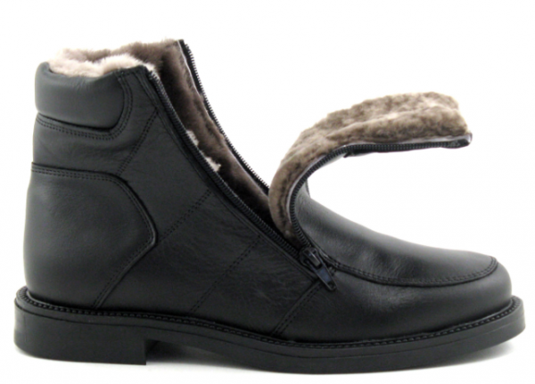 Boots homme deux fermetures cuir souple doublure mouton ARIMA Aspin Coloris noir. Vue d'une chaussure ouverte.