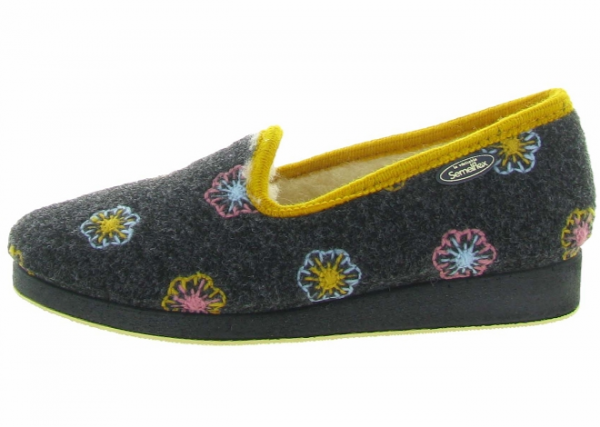 Chausson femme pantoufle dame Doublure laine semelle caoutchouc SEMELFLEX calomona 3 coloris bleu gris anthracite. Vue de profil d'une chaussure anthracite.