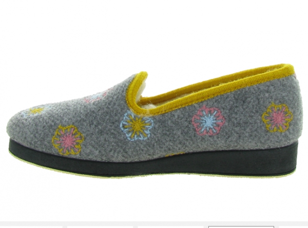 Chausson femme pantoufle dame Doublure laine semelle caoutchouc SEMELFLEX calomona 3 coloris bleu gris anthracite. Vue de profil d'une chaussure grise.