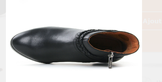 Bottines femme cuir petit talon fantaisie fermeture éclair décor tresses cuir et clous métal PIKOLINOS Calafat W1Z-8521 noir. Vue de dessus d'une chaussure droite.