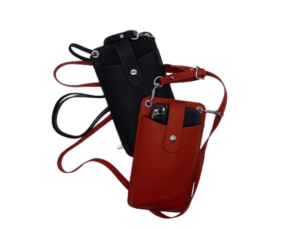 Sac Pochette Porte Téléphone Portefeuille Katana cuir avec bandoulière réglable et amovible KATANA deux coloris cognac ou noir. Vue d'ensemble de deux porte téléphone.