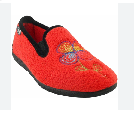 Pantoufle femme chausson chaud semelle compensée SEMELFLES coloris bleu ou rouge. Vue de biais d'une pantoufle droite rouge.