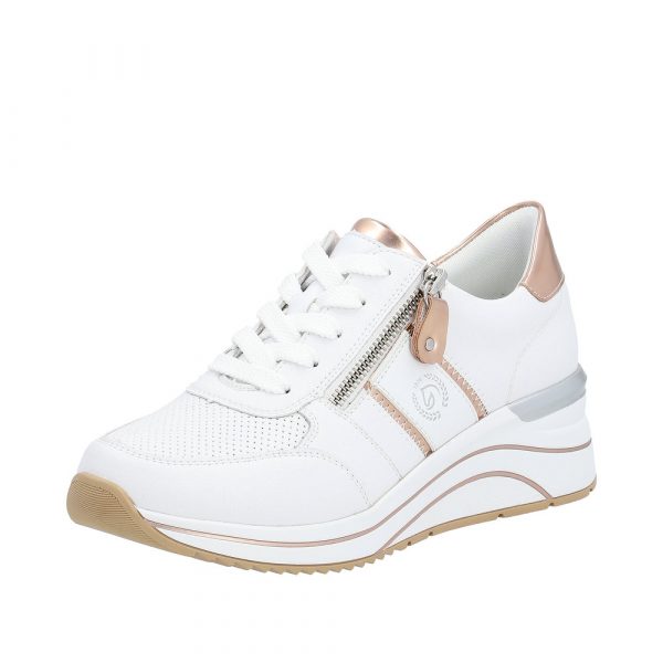 Chaussures cuir femme Talon Compensé Semelle intérieure soutien plantaire REMONTE coloris blanc. Vue de biais d'une tennis gauche.