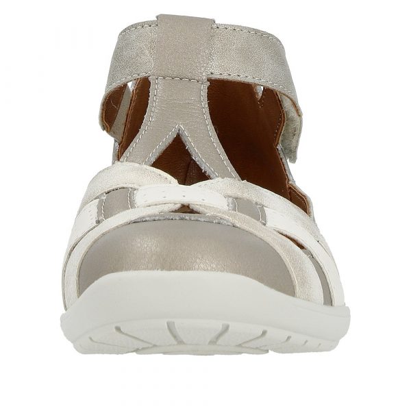 Chaussure cuir souple Baby femme Velcros Talon compensé Semelle intérieure amovible REMONTE Coloris beige métallisé. Vue avant d'une chaussure gauche.
