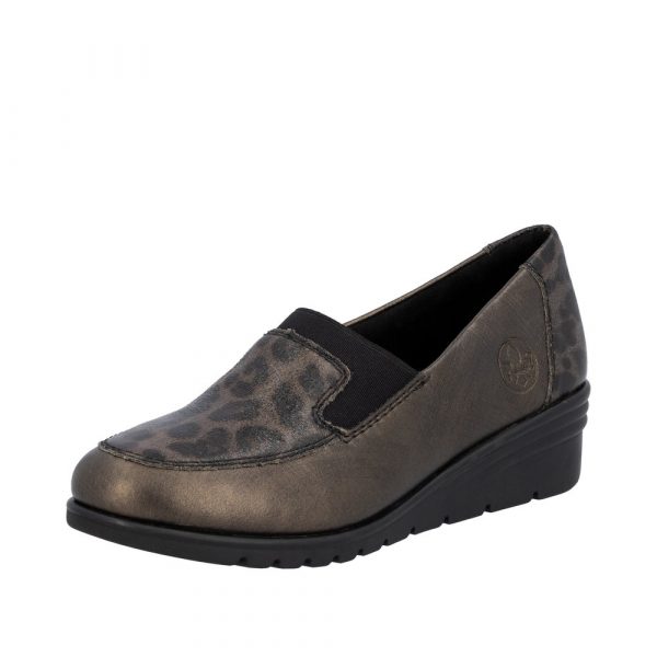 Mocassin femme Talon compensé Côtés élastiqués Dessus cuir Doublure textile RIEKER L5351-90 Coloris marron bronze. Vue d'ensemble de biais d'une chaussure gauche.