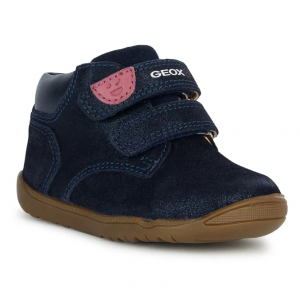 Chaussures bébé fille Velcros Cuir très souple Protection avant pied GEOX macchia Coloris bleu scintillant. Vue d'ensemble d'une chaussure gauche.