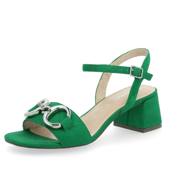 Sandale mode femme talon carré fermeture boucle chaussant confort REMONTE coloris bleu marine ou vert. Vue d'ensemble de biais d'une sandale gauche coloris vert.