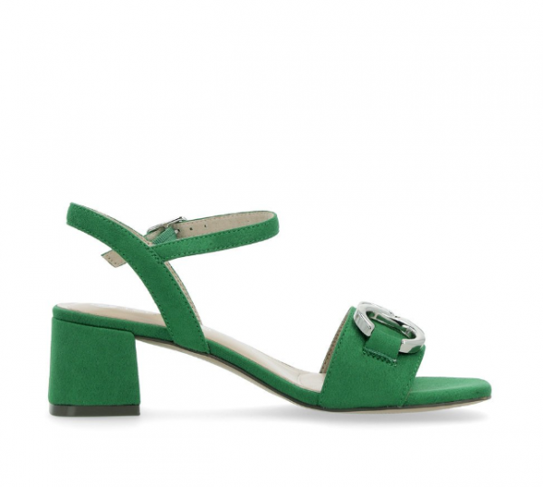 Sandale mode femme talon carré fermeture boucle chaussant confort REMONTE coloris bleu marine ou vert. Vue de profil d'une chaussure coloris vert.