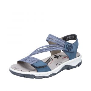 Sandales femme Brides élastiquées Nu-pieds dame Semelle sport Deux scratchs RIEKER coloris bleu. Vue de biais d'une chaussure gauche.