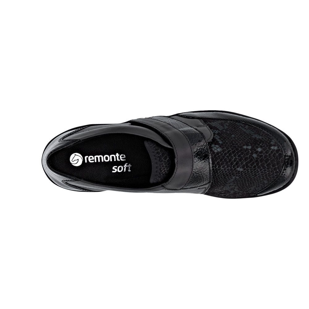 Chaussure basse confort Légère femme Velcro Semelle compensée Souple Stretch REMONTE R7600 coloris noir multi/vernis noir. Vue de dessus d'une chaussure gauche laissant apparaître une partie de la semelle intérieure.