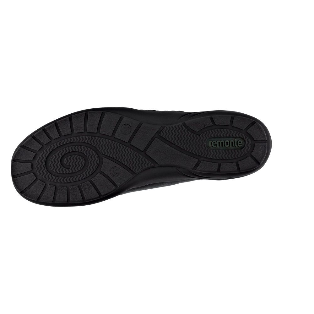Chaussure basse confort Légère femme Velcro Semelle compensée Souple Stretch REMONTE R7600 coloris noir multi/vernis noir. Vue de dessous d'une chaussure gauche laissant apparaître les dessin de la semelle.