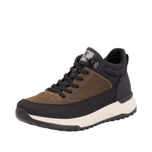 Boots homme mode Imperméable Lacets Doublure textile RIEKER EVOLUTION U0173 coloris marron/noir. Vue d'ensemble de biais d'une chaussure gauche.
