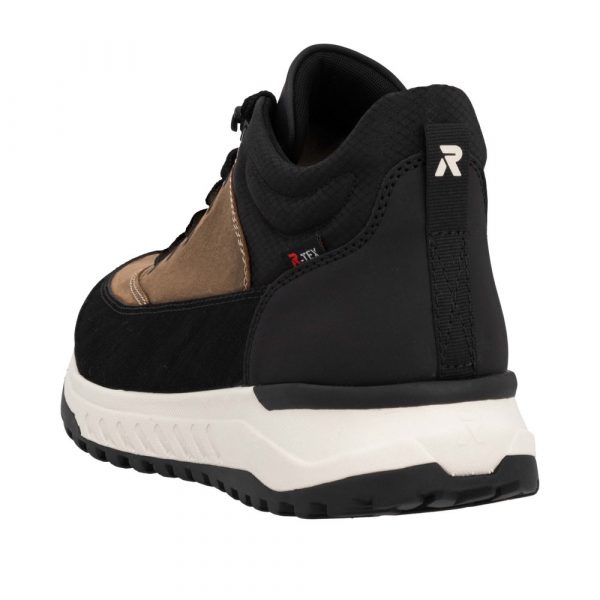 Boots homme mode Imperméable Lacets Doublure textile RIEKER EVOLUTION U0173 coloris marron/noir. Vue de l'arrière d'une chaussure gauche faisant apparaître le contrefort du talon.